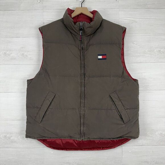 Vintage Tommy Hilfiger Men XL Goose Down Puffer Vest Reversible Red Brown Y2K - Picture 2 of 16